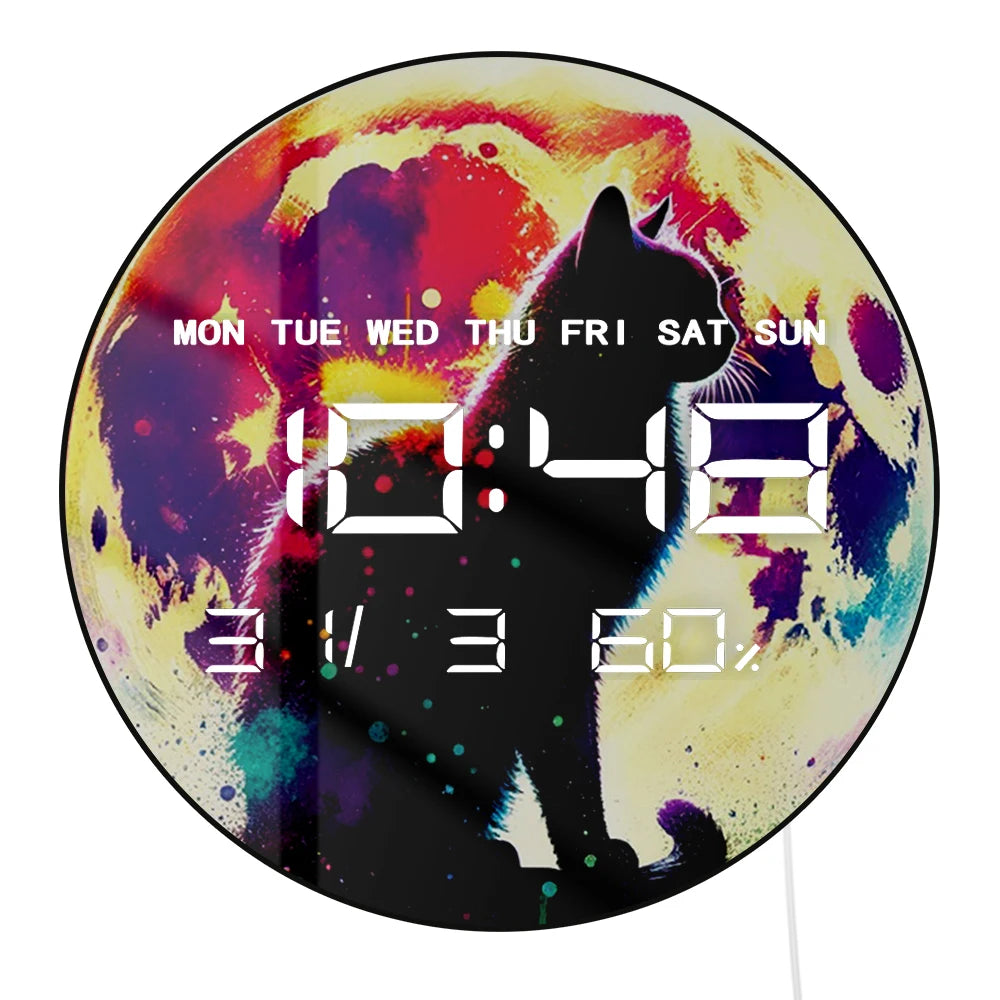 Black Cat Crescent Moon Digital Wall Clock Gothic Night Dark Fantasy Home Decor Multifunctional Timepieces Electronic Wall Clock