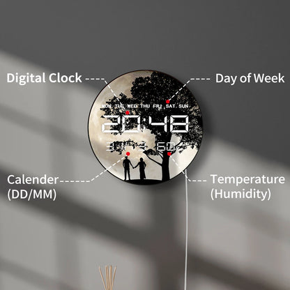 Valentines Silhouette Full Moon LED Digital Clock Timer with Calendar Date Temperature Romantic Home Decor Electronic Wall Clock