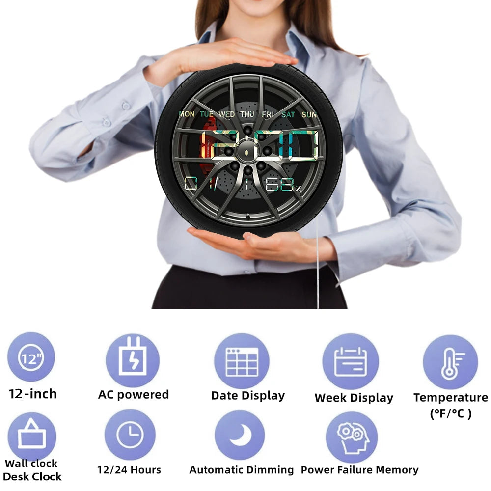 Car Wheel Digital Wall Clock with Timer Date Temperature Display Car Tire Large Numeric Display Electronic Wall Clock For Garage