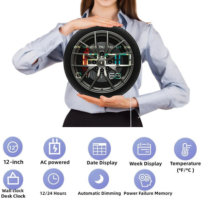 Car Wheel Digital Wall Clock with Timer Date Temperature Display Car Tire Large Numeric Display Electronic Wall Clock For Garage