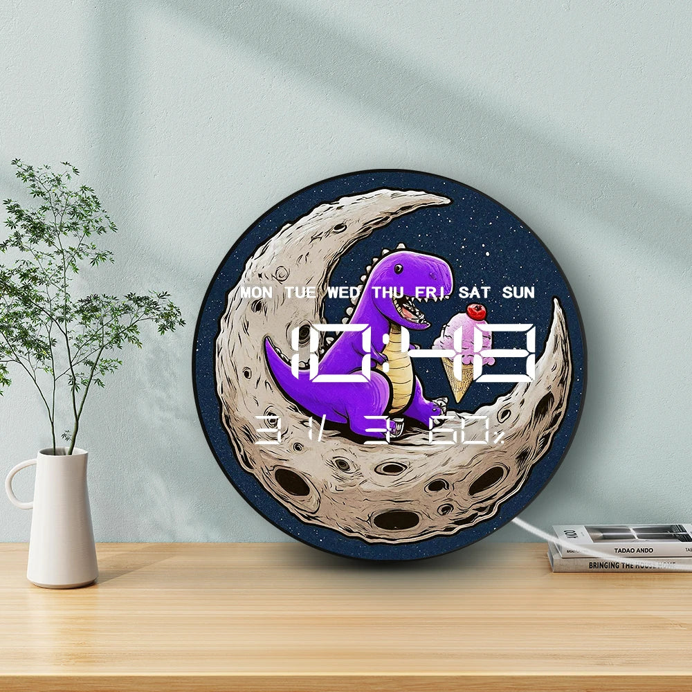 Dinosaur Eating Ice Cream on Moon Electric Wall Clock with Temperature Humidity Date Big Display Calendar LED Digital Wall Clock