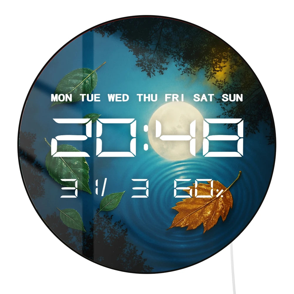 Full Moon Reflection with Fallen Leaf LED Digital Clock with Temperature Humidity Calendar Date Big Display Electric Wall Clock