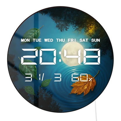 Full Moon Reflection with Fallen Leaf LED Digital Clock with Temperature Humidity Calendar Date Big Display Electric Wall Clock