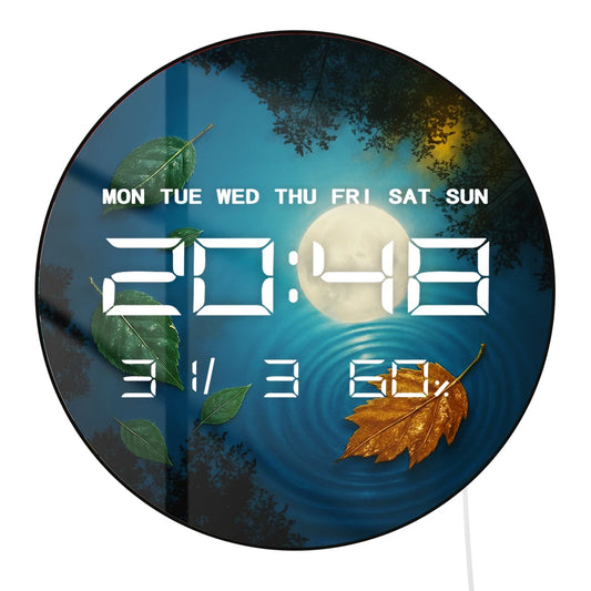 Full Moon Reflection with Fallen Leaf LED Digital Clock with Temperature Humidity Calendar Date Big Display Electric Wall Clock