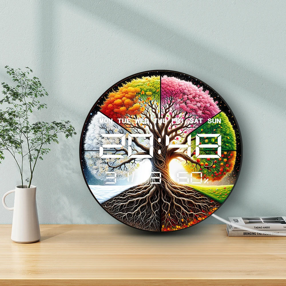 Four Seasons Tree of Life Multifunctional LED Digital Wall Clock Electronic Wall Clock with Calendar Date Humidity Temperature