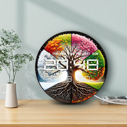Four Seasons Tree of Life Multifunctional LED Digital Wall Clock Electronic Wall Clock with Calendar Date Humidity Temperature