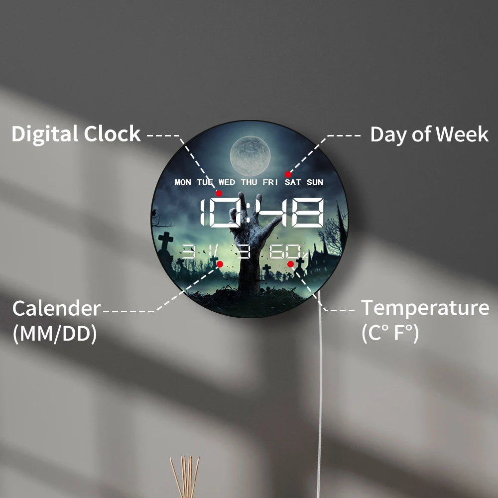 Zombie Hand Rising Out Of A Grave Horror Design Wall Clock with Timer Date Temperature Display Halloween LED Digital Wall Clock