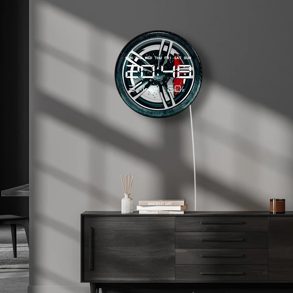 3d Car Tire Wheel LED Digital Wall Clock for Garage Workshop 12/24hr Timer Electronic Wall Clock with Calendar Date Temperature