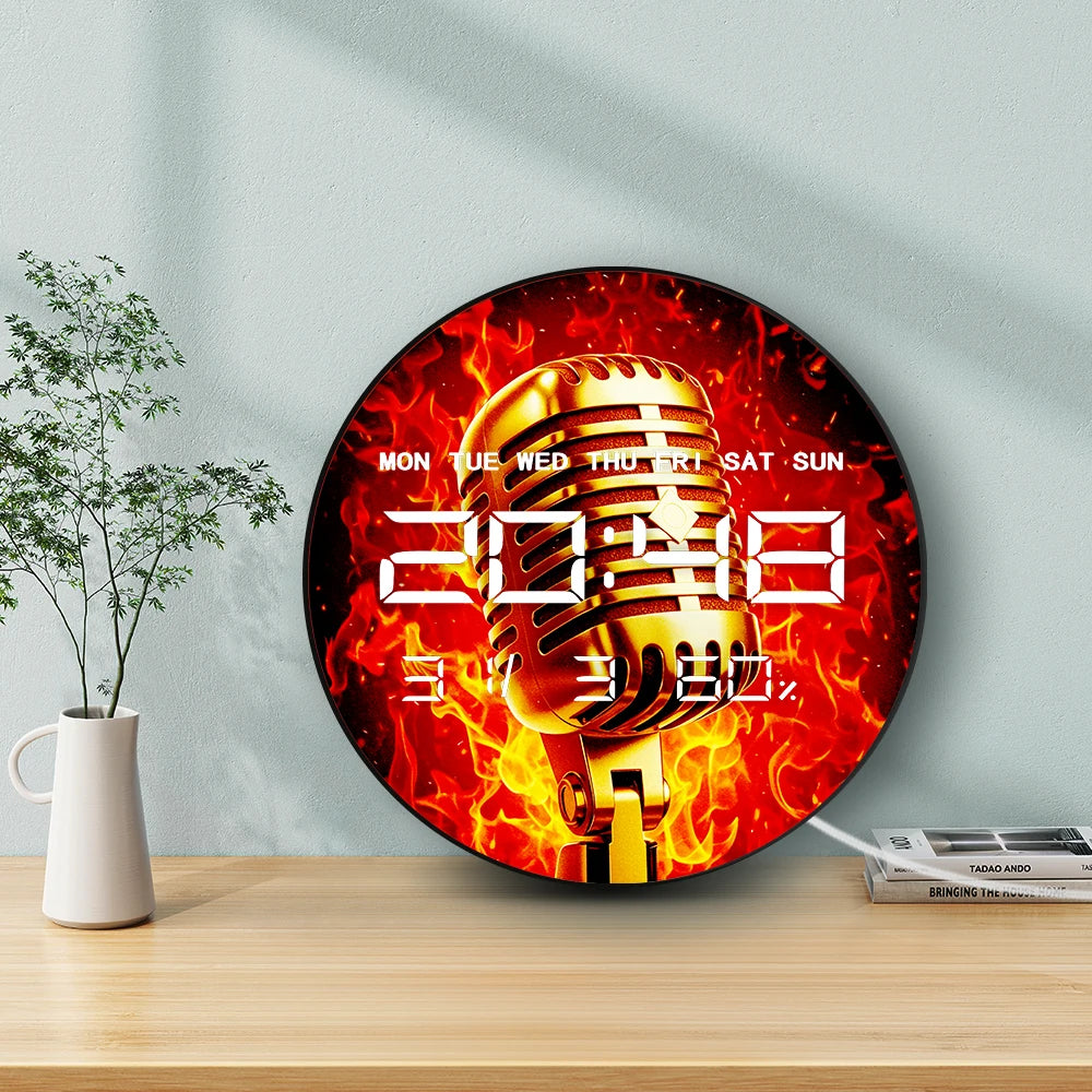 Microphone LED Auto Dimming Digital Wall Clock for Recording Studio Singer Home Decor 12/24hr Electric Wall Clock Podcaster Gift