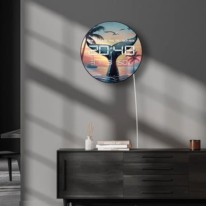 Big Whale Tail LED Digital Wall Clock with Calendar Temperature Auto Dimming Sea Life Home Decor 12/24hour Electronic Wall Clock