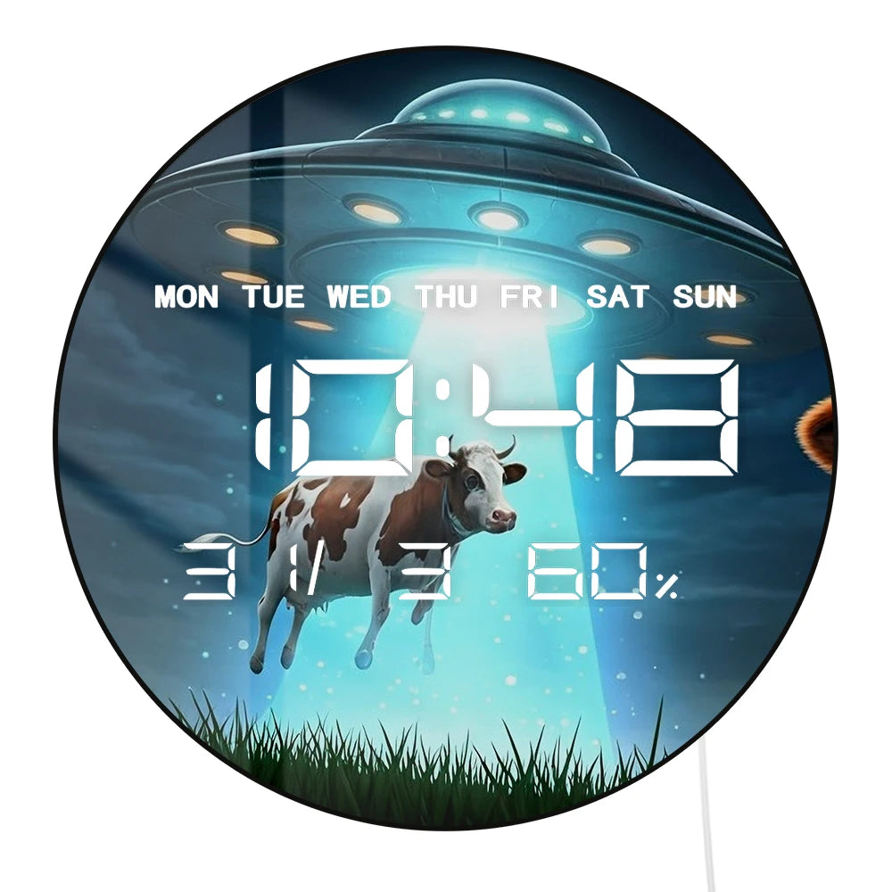 Cow Abduction UFO Digital Wall Clock with LED Display Calendar Temperature Alien Space Sci-Fi Home Decor Electric Wall Clock