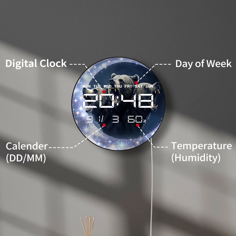 Fierce Roaring Bear with Crescent Moon Multifunctional LED Digital Wall Clock Powerful Home Decor 12/24 Hour Electric Wall Clock