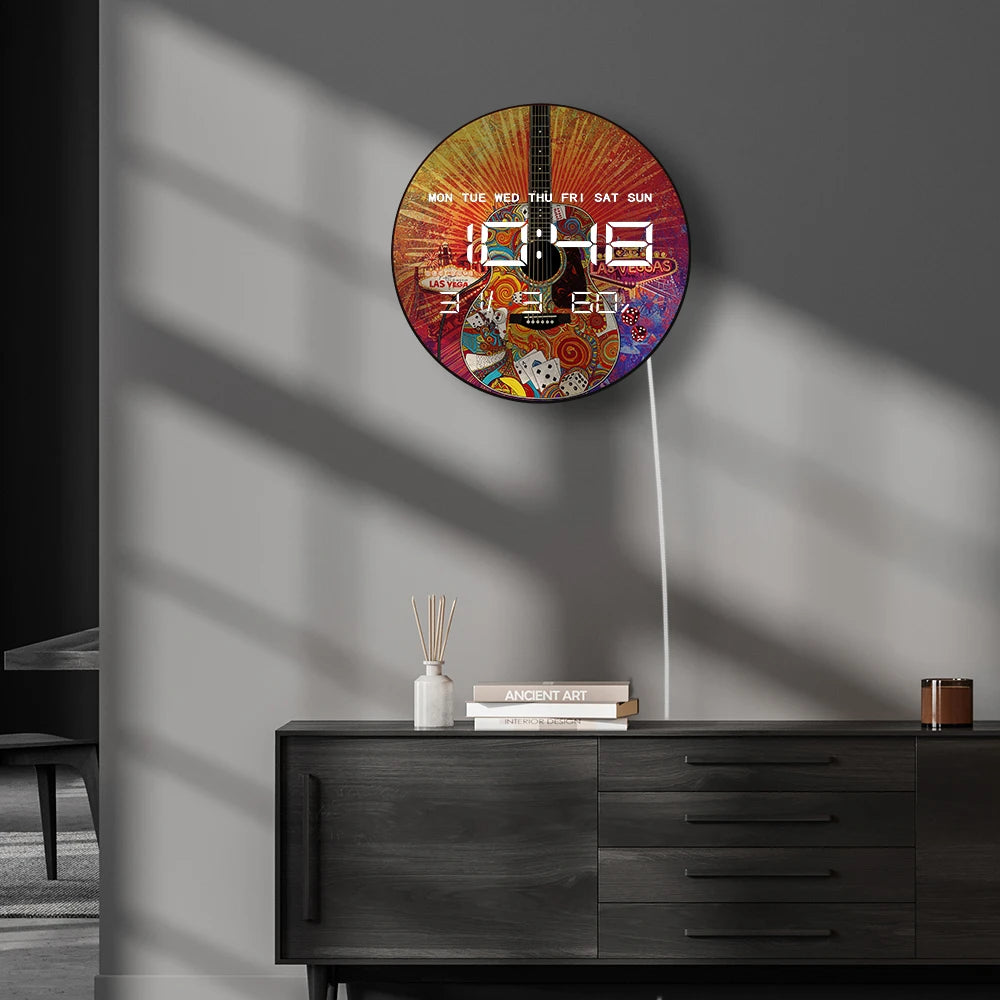 Las Vegas Psychedelic Acoustic Guitar Multifunctional LED Digital Wall Clock Big Display Auto Dimming Electronic Wall Desk Clock
