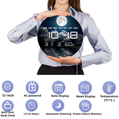 Night Sky with Stars Moon Clouds LED Digital Clock with Temperature Humidity Calendar Date Large Display Electronic Wall Clock