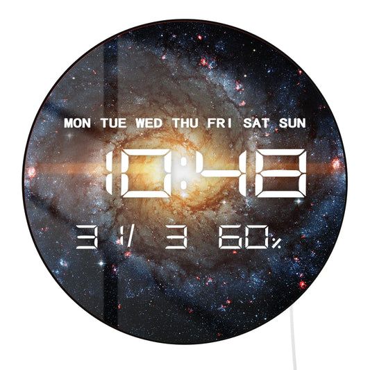Nebula Galaxy with Stars LED Digital Wall Clock with Calendar Date Temperature Auto Dimming 12/24hr Format Electronic Wall Clock