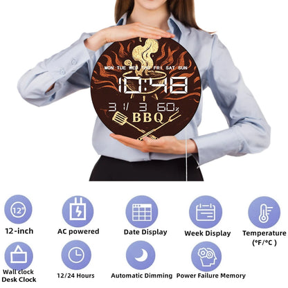 BBQ Grill Barbeque Electronic Wall Clock Large LED Numeric Display with Calendar Date Temperature Humidity 12/24hour Format
