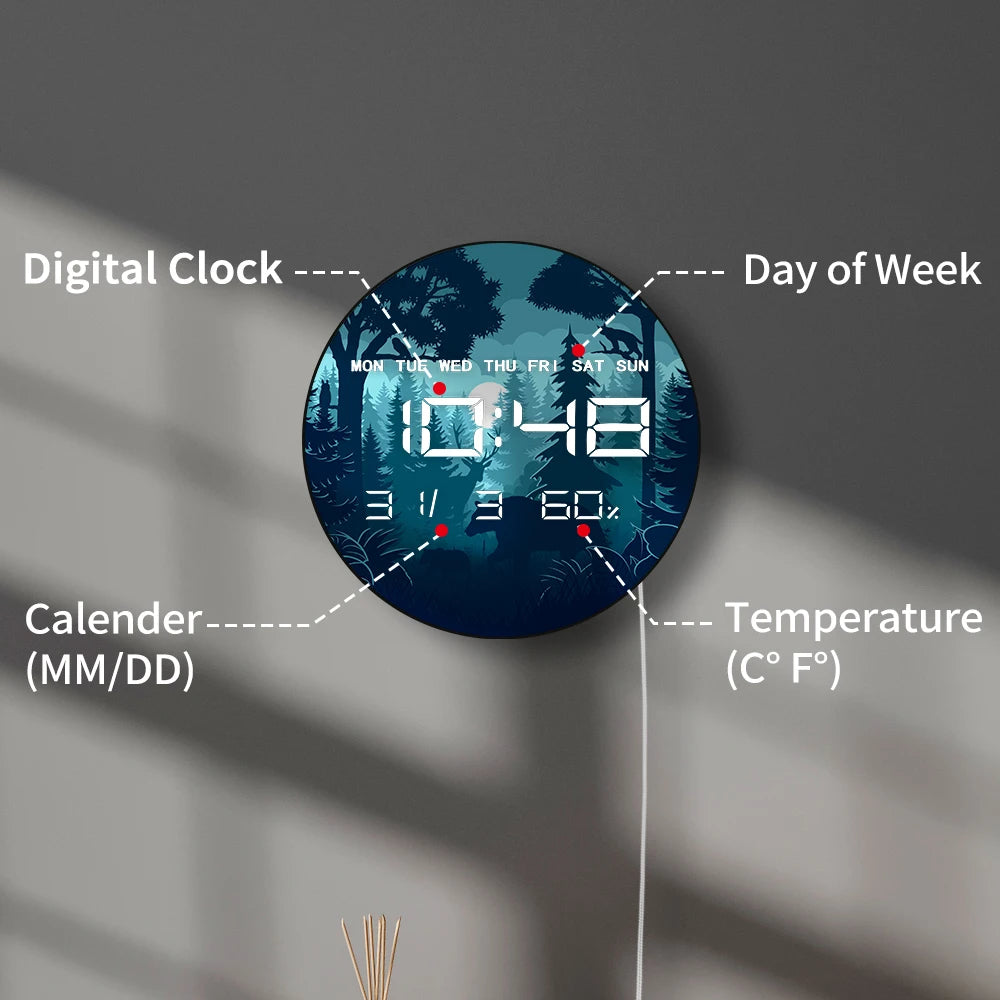 Woodland Night with Moon Large Digital Wall Clock Forest Animal Home Decor Timepieces LED Electronic Numeric Clock Wall Desk Use