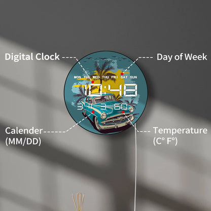 Vintage Blue Car LED Digital Wall Clock with Calendar Temperature Auto Dimming 12/24hr Format Retro Automotive Electronic Clock