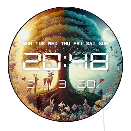 Circle of Life Aniamls Fairyland LED Digital Wall Clock with Calendar Temperature Auto Dimming 12/24hr Format Electronic Clock