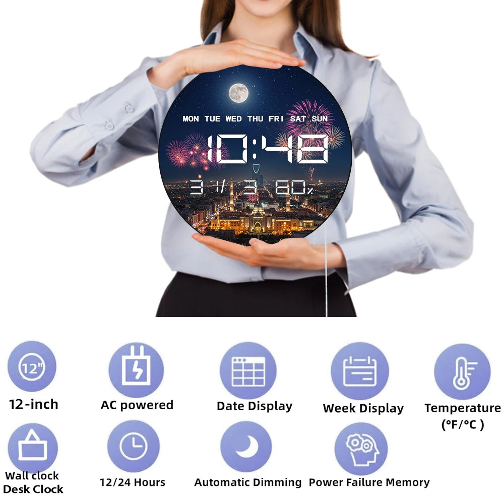 Riyadh Skyline with Full Moon Firework Modern Design LED Digital Wall Clock with Timer Date Temperature Eid Vibes Electric Clock