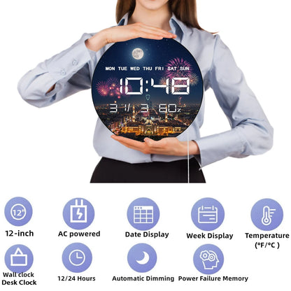 Riyadh Skyline with Full Moon Firework Modern Design LED Digital Wall Clock with Timer Date Temperature Eid Vibes Electric Clock