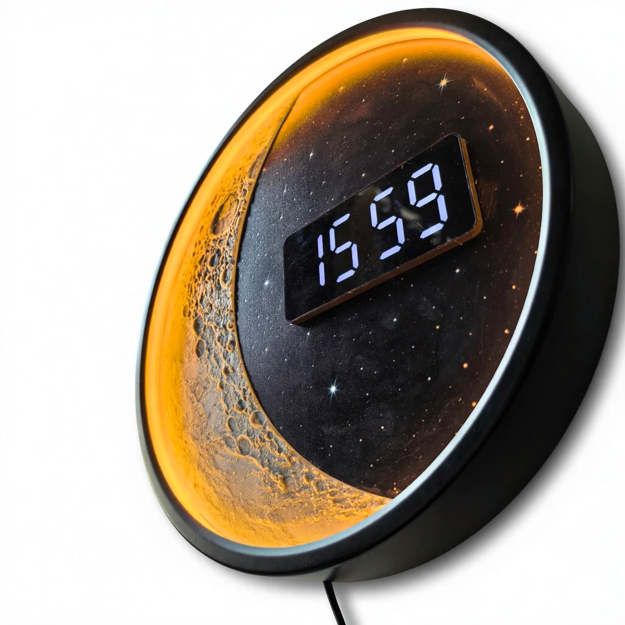 Moon Phase Metal Frame Wall Clock LED Digital Time Display Gentle Glow Resin Lunar Texture Space Home Decor Electric Wall Clock