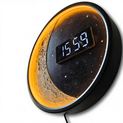 Moon Phase Metal Frame Wall Clock LED Digital Time Display Gentle Glow Resin Lunar Texture Space Home Decor Electric Wall Clock