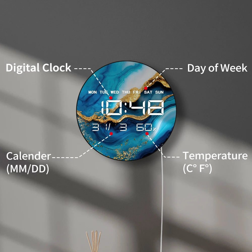 Luxury Marble Blue Paint Printed LED Digital Wall Clock Abstract Art Home Decor Watch Electronic Wall Clock Large Number Display
