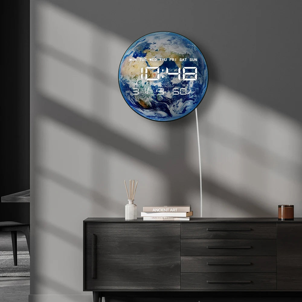 Earth World Globe LED Digital Wall Clock For Bedroom Planet From Space Blue Marble Home Decor Electric Display Desk Table Clock