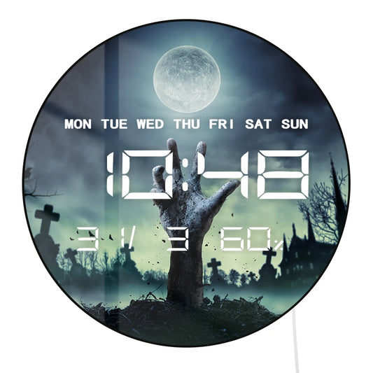 Zombie Hand Rising Out Of A Grave Horror Design Wall Clock with Timer Date Temperature Display Halloween LED Digital Wall Clock