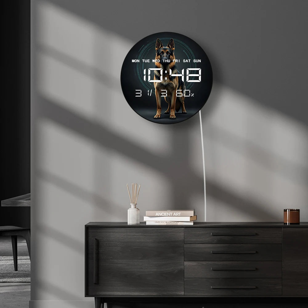 Guard Dog German Shepherd Modern Design Wall Clock with Timer Date Temperature Display Puppy Pet Memorial Digital Wall Clock
