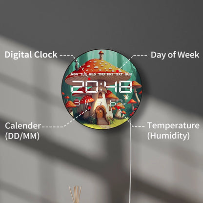Amanita Mushroom House 12/24hour Electronic Wall Clock with Temperature Calendar Date Fairy Tale Home Decor Digital Clock Timer