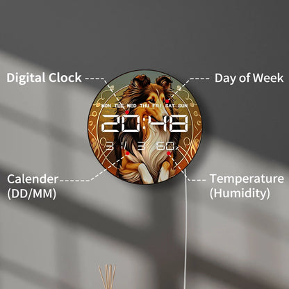 Leaping Sable Sheltie Dog LED Digital Wall Clock with Temperature Humidity Calendar Date Shetland Sheepdog Electronic Wall Clock