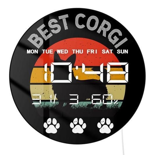 Pembroke Welsh Corgi Large LED Digital Wall Clock with Temperature Humidity Date Calendar Corgi Puppy Dog Electronic Wall Clock