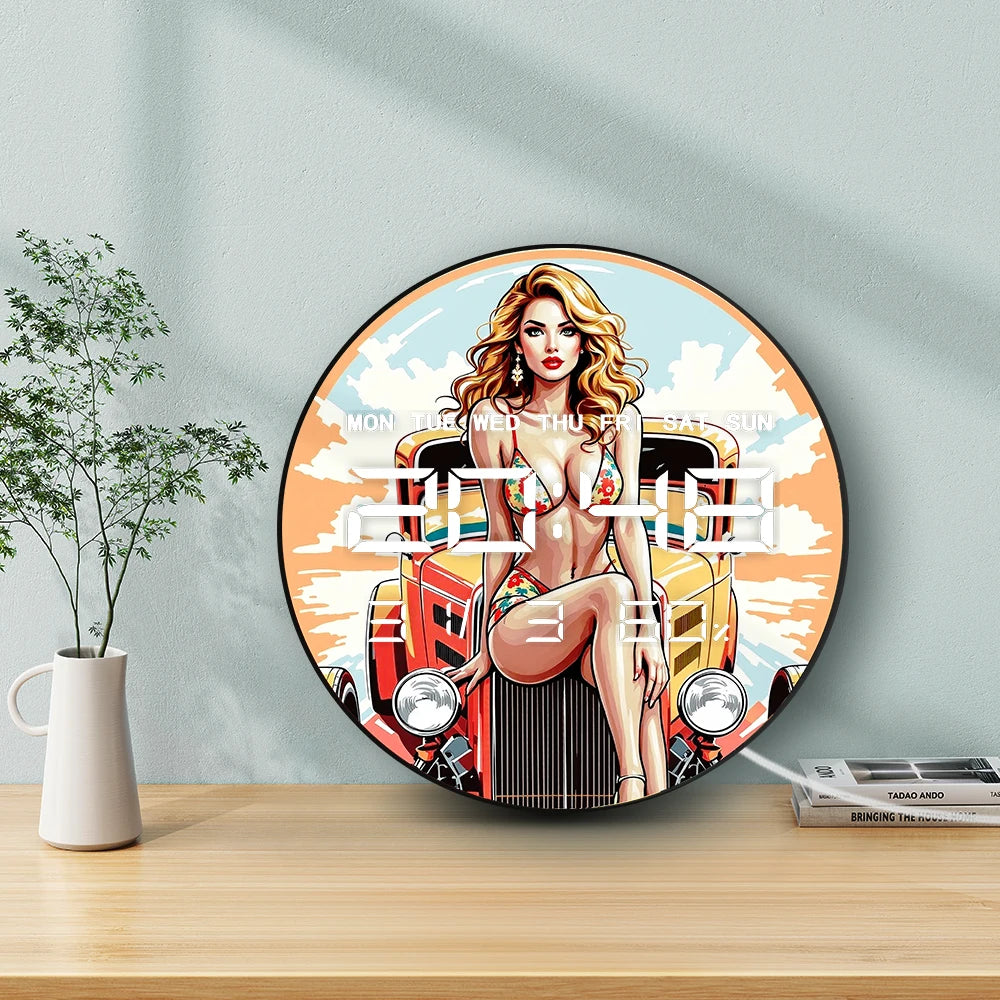 Retro Old Hotrod Classic Car with Sexy Girl LED Digital Wall Clock with Timer Date Temperature Mancave Grage Electric Wall Clock
