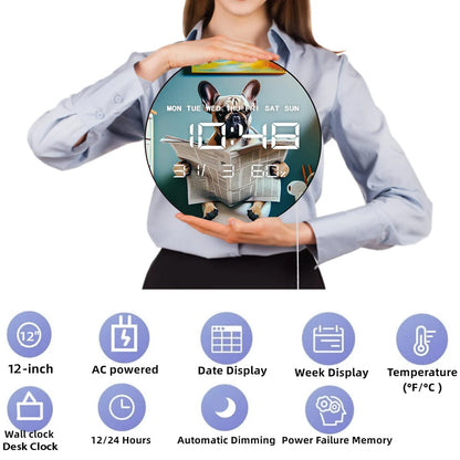 French Bulldog Reading Newspaper On Toilet Auto Dimming LED Digital Wall Clock with Electric Timer Date Temperature 12/24hour