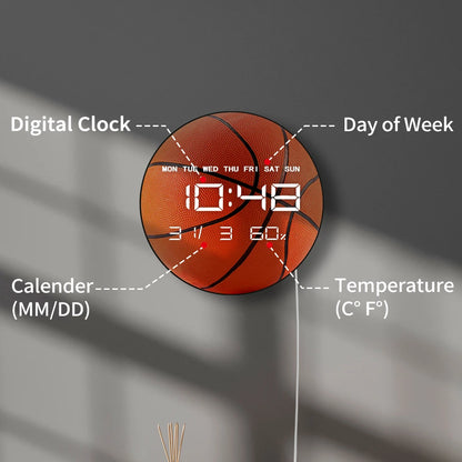 Basketball Ball LED Digital Large Number Wall Clock for Teen Boys Room Electric Auto Dimming Wall Desk Clock For Basketball Fans