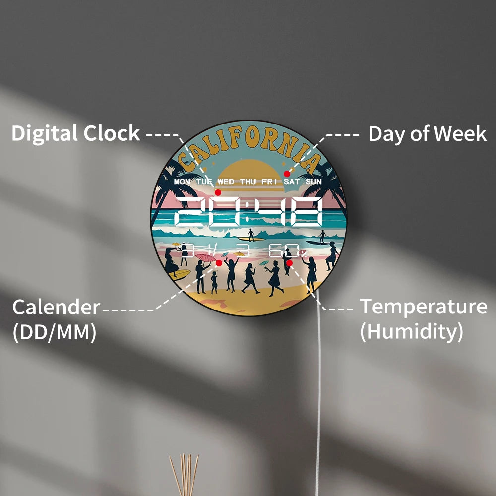 Retro California Seaside Beach Digital Wall Clock with LED Display Calendar Temperature Automatic Dimming 12/24hr Electric Clock