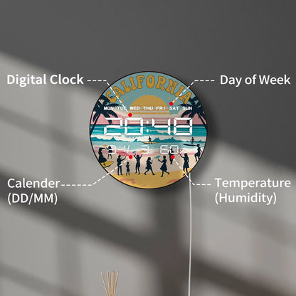 Retro California Seaside Beach Digital Wall Clock with LED Display Calendar Temperature Automatic Dimming 12/24hr Electric Clock