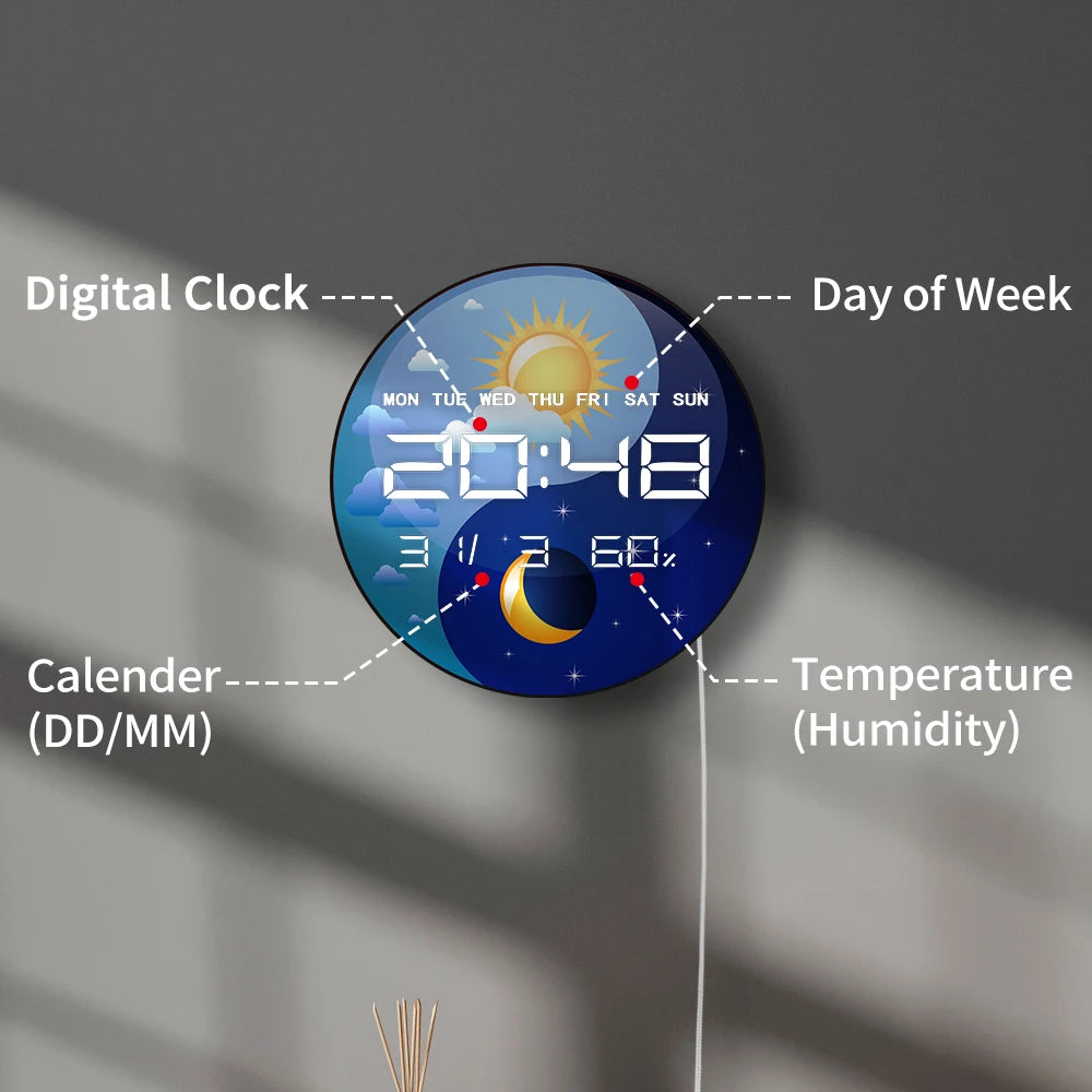 Day and Night Yin Yang Symbol12/24hour Electronic Wall Clock Spiritual Home Decor Timer Auto Brightness LED Digital Wall Clock