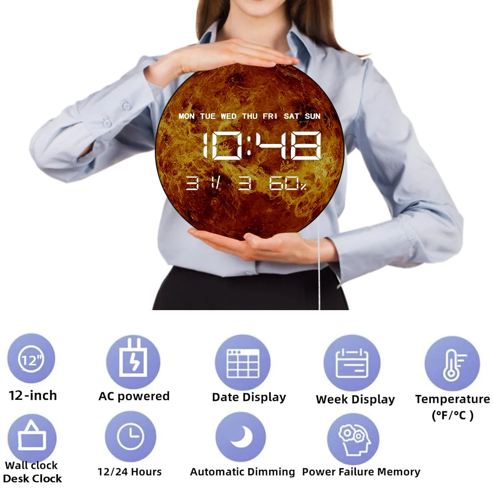 Planet Venus Digital Wall Clock Large Display Space Art Solar System Home Decor Timepieces LED Numeric Clock Wall & Desk Use