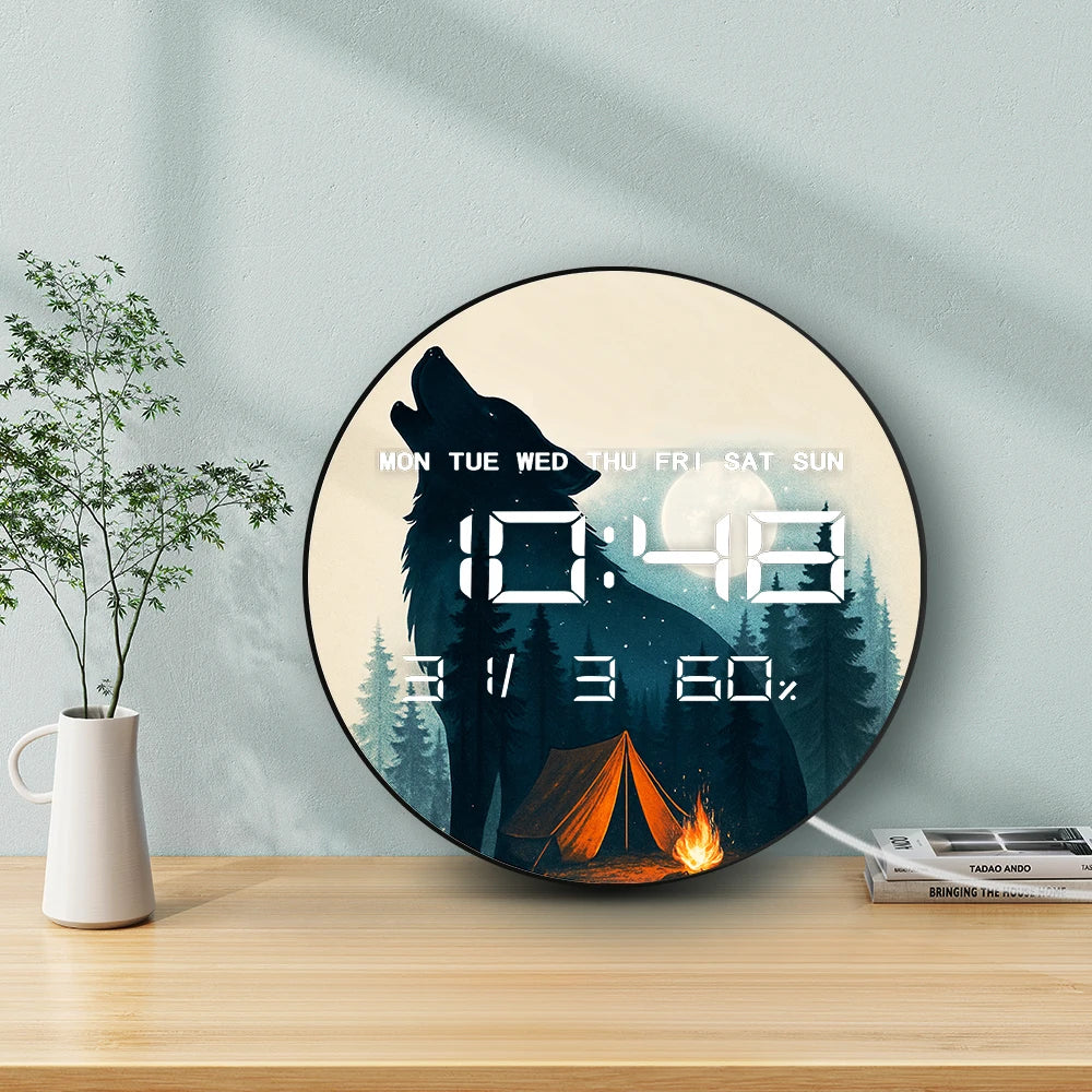 Howling Wolf Forest Camping Design LED Digital Wall Clock with Calendar Temperature Auto Dimming 12/24hr Electronic Wall Clock