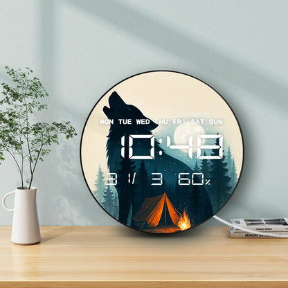 Howling Wolf Forest Camping Design LED Digital Wall Clock with Calendar Temperature Auto Dimming 12/24hr Electronic Wall Clock