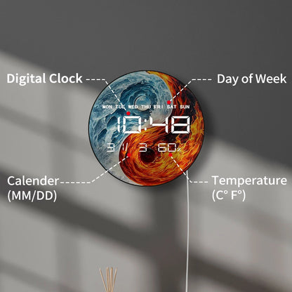 Fire and Ice Ying Yang Electric Wall Clock 12/24hour Timer Date Temperature Balance Spiritual Home Decor LED Digital Wall Clock