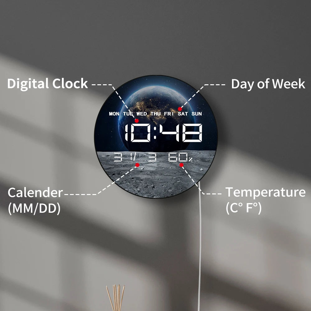 Moon and Earth Digital Wall Clock Large Digital Time Display Planet Deep Space Home Decor Watch LED Numeric Clock Wall Desk Use