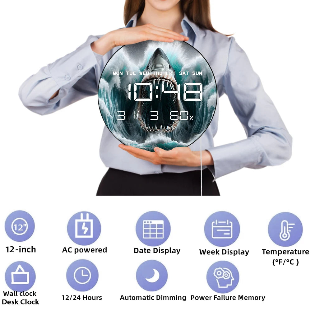 White Shark Open Mouth Jaw Modern Digital Wall Clock with Timer Date Temperature Display Ocean Predator Electronic Wall Clock