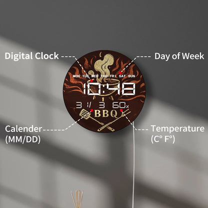 BBQ Grill Barbeque Electronic Wall Clock Large LED Numeric Display with Calendar Date Temperature Humidity 12/24hour Format