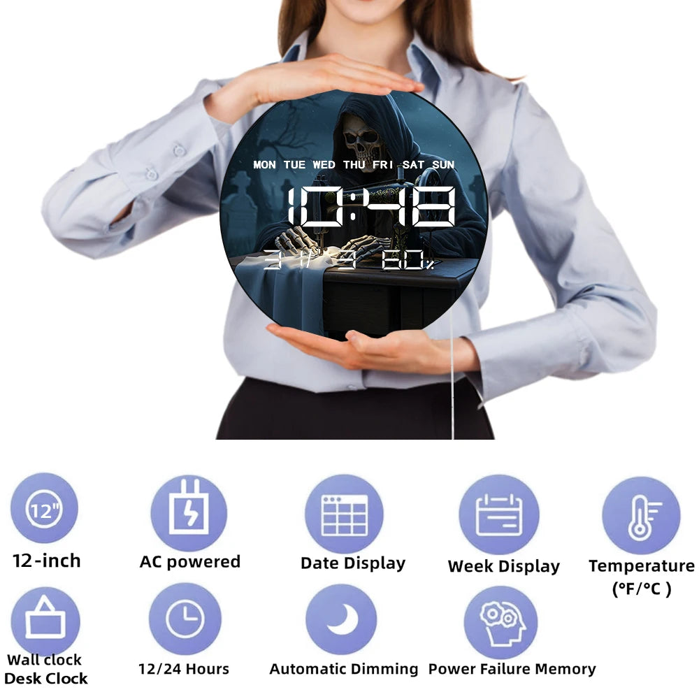 Grim Reaper using Sewing Machine LED Digital Wall Clock with Calendar Temperature Dark Fantasy Home Decor Electronic Wall Clock