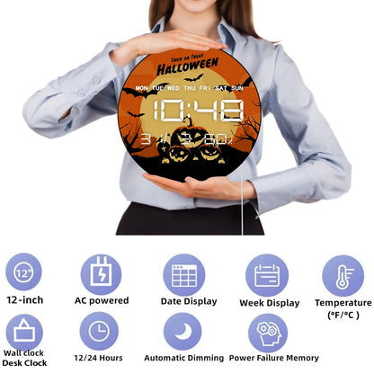 Trick or Treat Digital Wall Clock with LED Display Full Moon Ghost Pumkins Bats Halloween Electric Clock Large Numeric Display