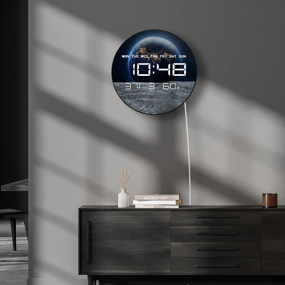 Moon and Earth Digital Wall Clock Large Digital Time Display Planet Deep Space Home Decor Watch LED Numeric Clock Wall Desk Use